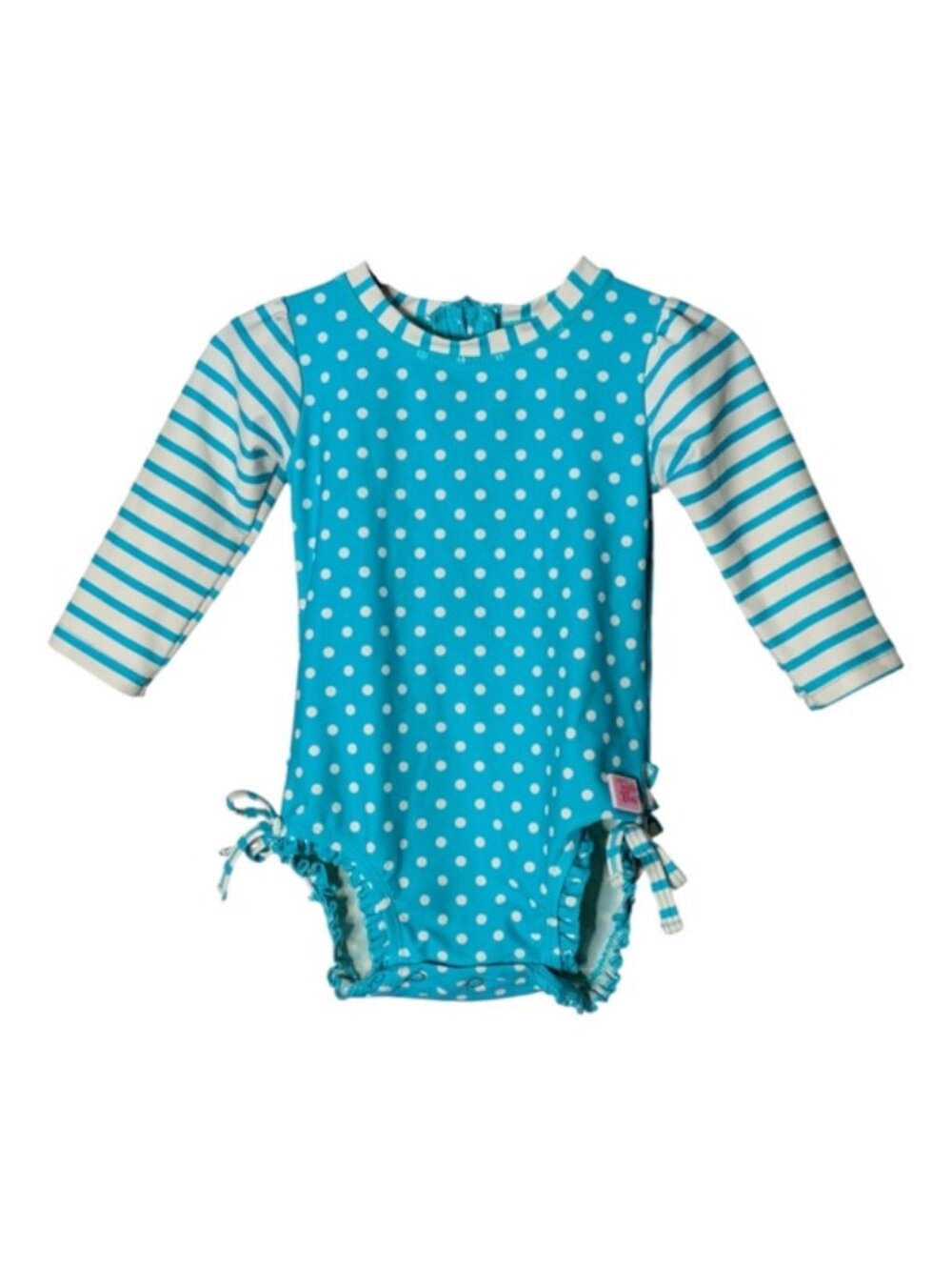 RuffleButts UPF 50+ Polka Dot Long Sleeve Rash Guard Swimsuit w/ Zip 6/12m